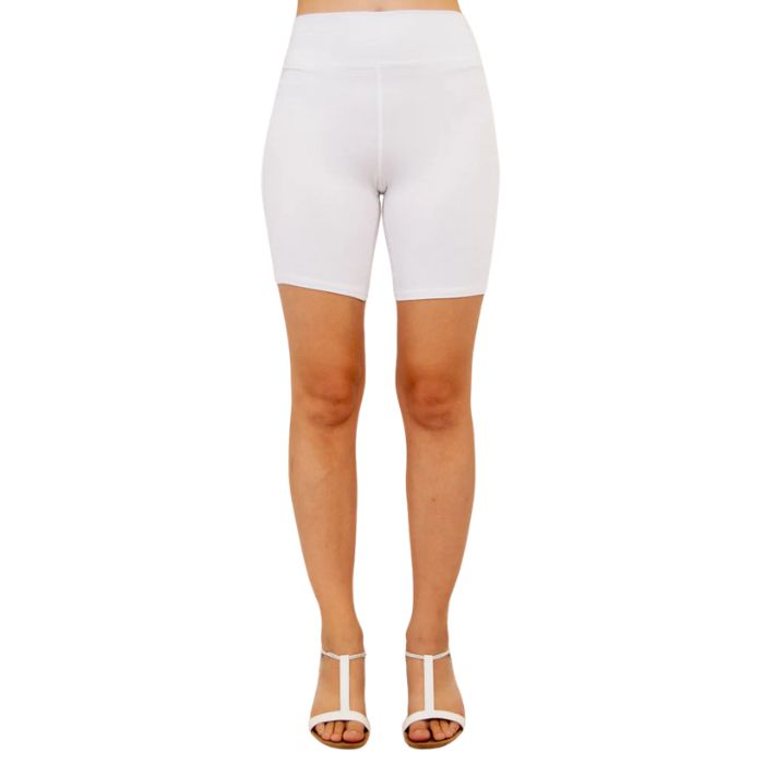 female model wearing white hallie shorts front view on white background