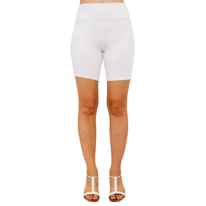 female model wearing white hallie shorts front view on white background