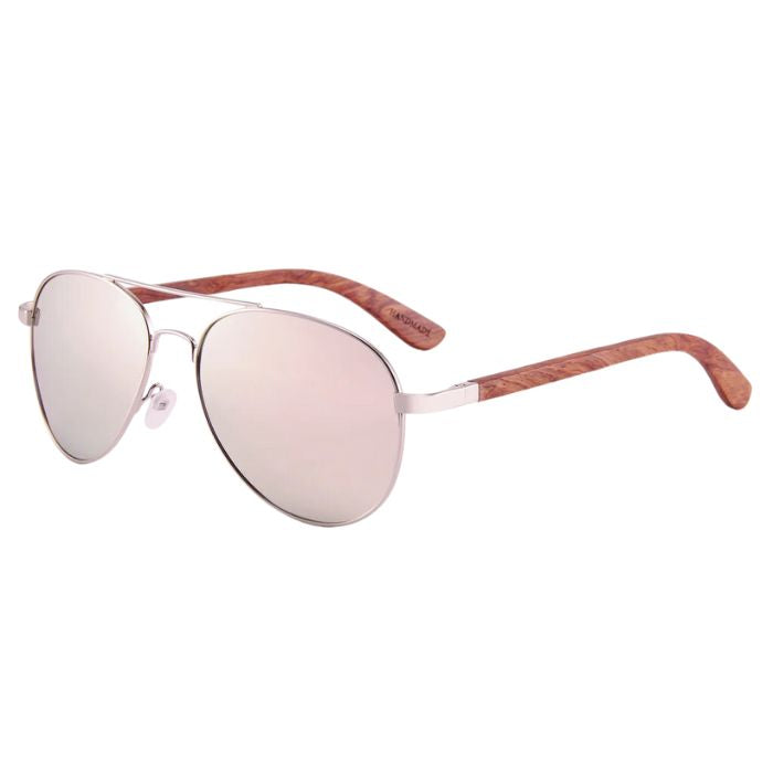 hawaii sunglasses silver wire frames and pink mirror lenses over view on white background
