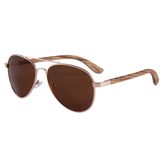 hawaii sunglasses gold wire frames and brown lenses over view on white background