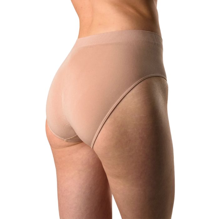 body of female model wearing beige brown high waisted full brief back view on white background