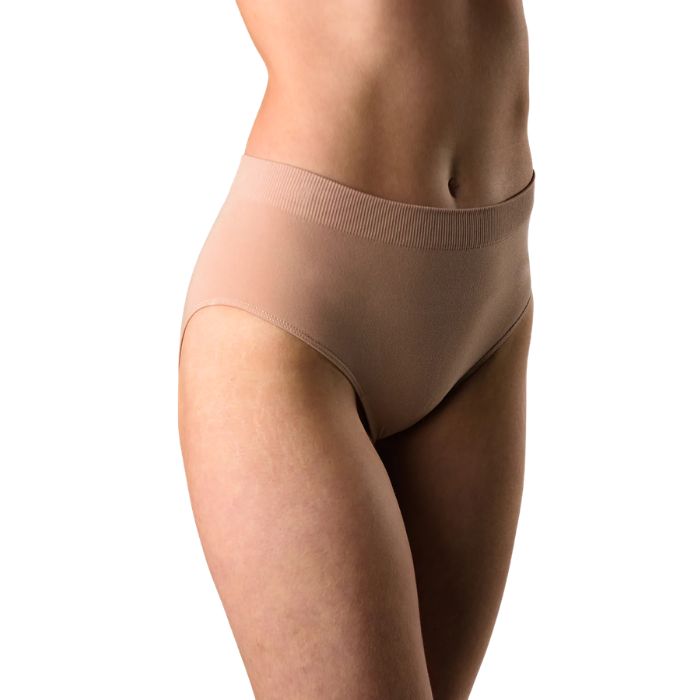 body of female model wearing beige brown high waisted full brief front view on white background