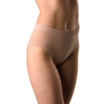 body of female model wearing beige brown high waisted full brief front view on white background