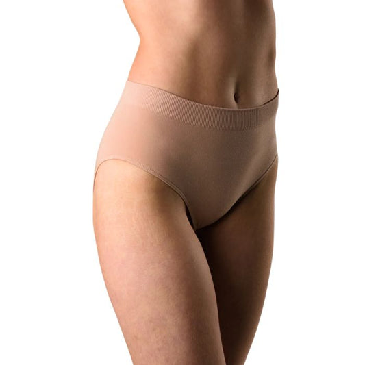 body of female model wearing beige brown high waisted full brief front view on white background