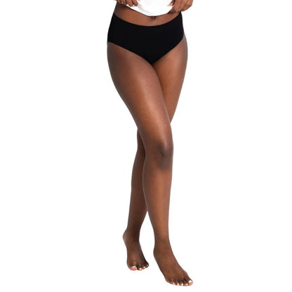 female model wearing black high waisted full brief front view on white background