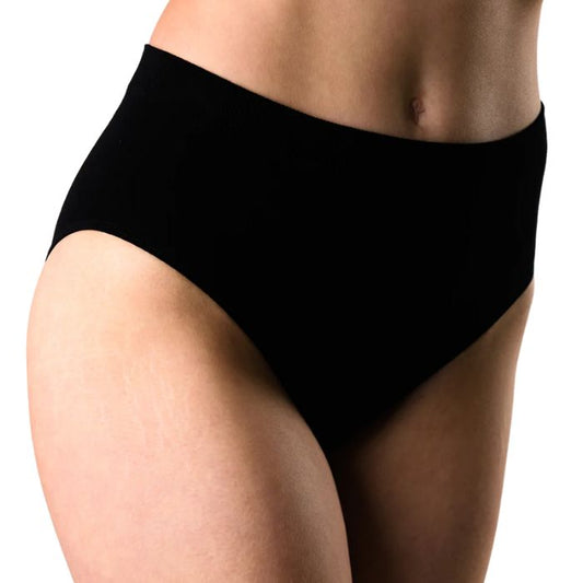 body of female model wearing black high waisted brief front view on white background