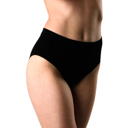 body of female model wearing black high waisted full brief front view on white background