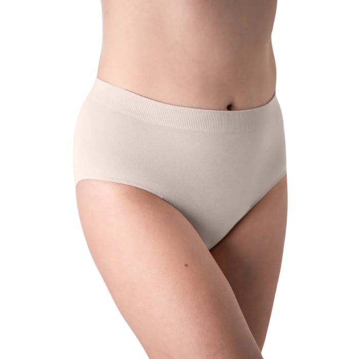 body of female model wearing cream white high waisted full brief front view on white background