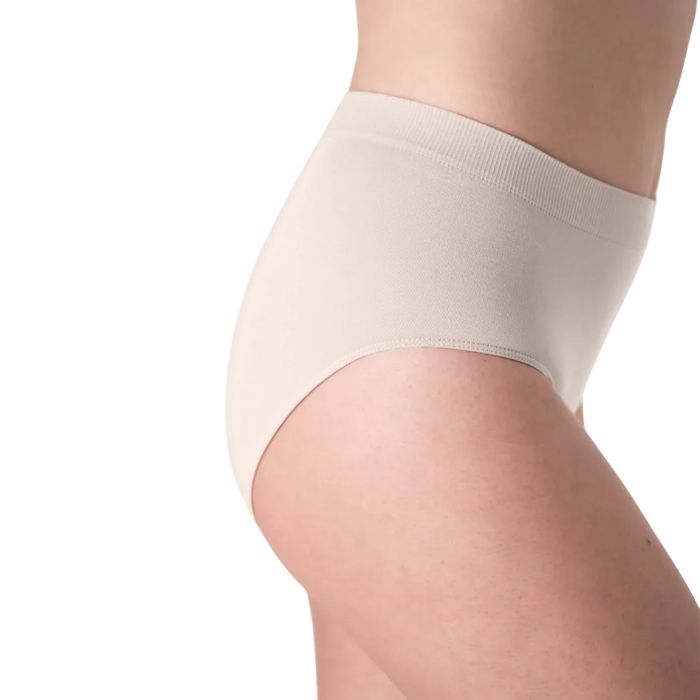 body of female model wearing cream white high waisted full brief side view on white background