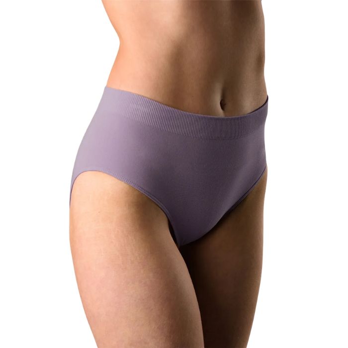 body of female model wearing dusty purple high waisted full brief front view on white background
