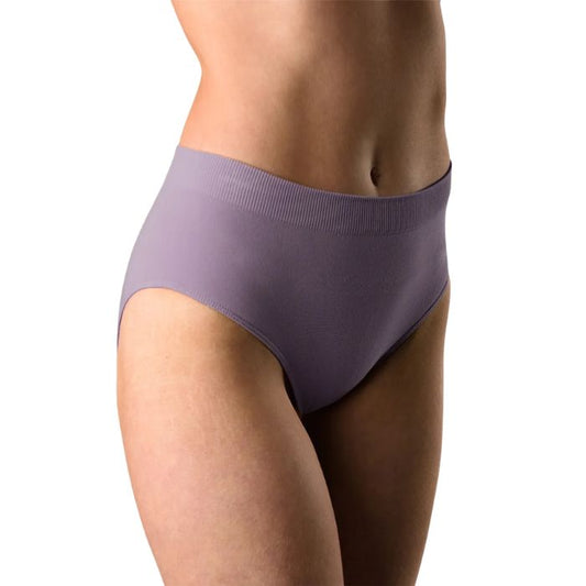 body of female model wearing dusty purple high waisted full brief front view on white background