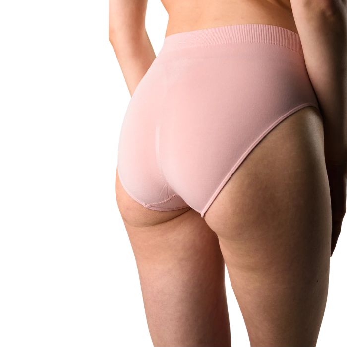 body of female model wearing pink high waisted full brief back view on white background
