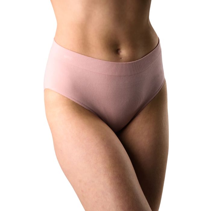 body of female model wearing pink high waisted full brief front view on white background