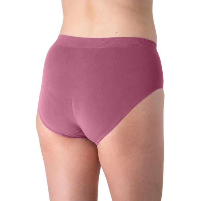 body of female model wearing wild rose pink high waisted full brief back view on white background