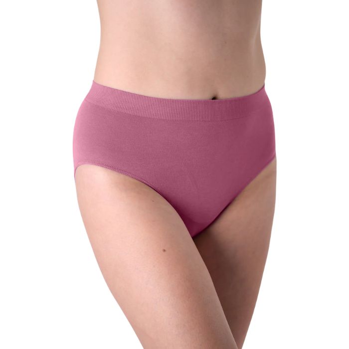 body of female model wearing wild rose pink high waisted full brief front view on white background