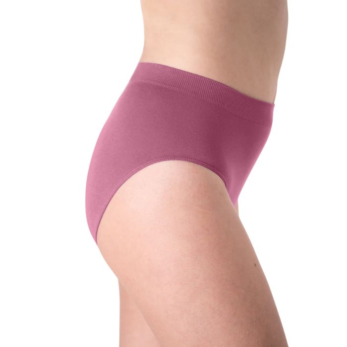 body of female model wearing wild rose pink high waisted full brief side view on white background