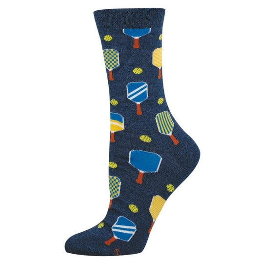 navy blue crew sock with colourful pickle ball paddle print on white background 