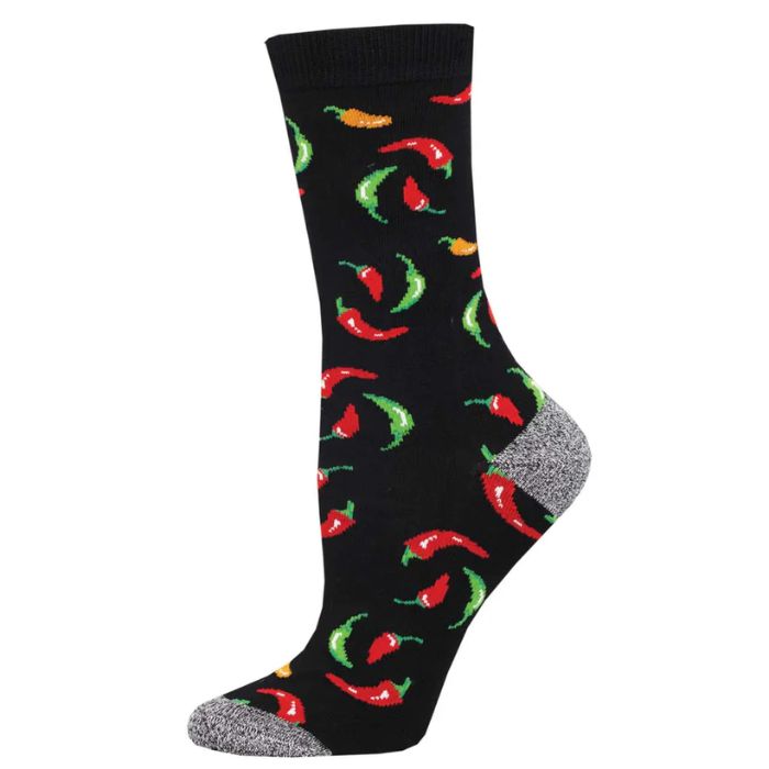 Hot on your heels sock black crew sock with hot chilli pepper print on white background
