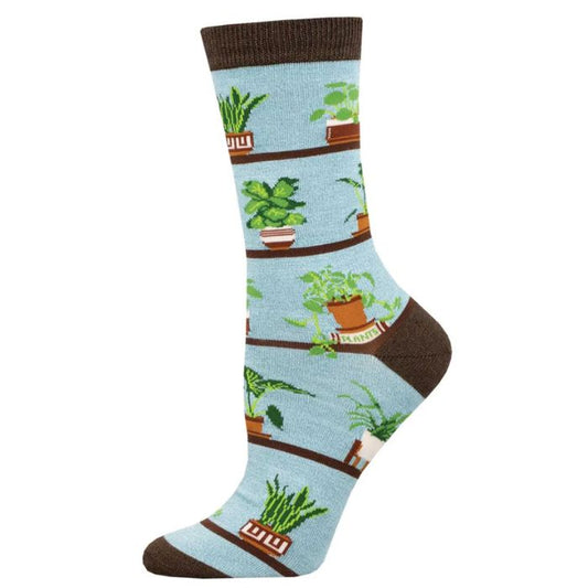 Houseplants sock blue sock with a variety of  houseplant print on white background