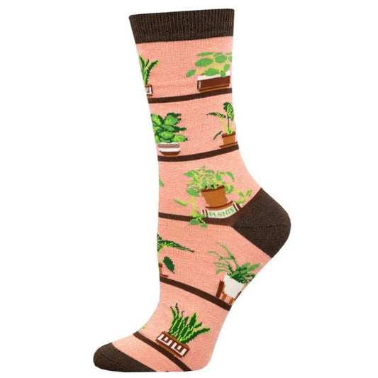 Houseplants sock pink sock with a variety of  houseplant print on white background