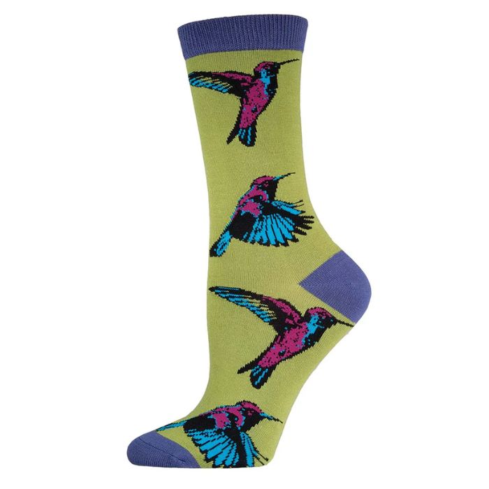 humming bird socks, green crew sock with colourful humming bird print on white background