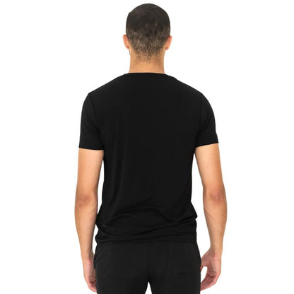 male model wearing black huron v-neck t-shirt back view on white background