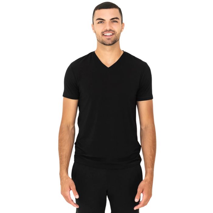male model wearing black huron v-neck t-shirt front  view on white background