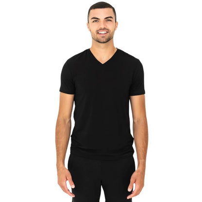 male model wearing black huron v-neck t-shirt front  view on white background