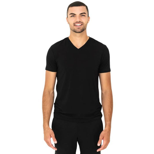 male model wearing black huron v-neck t-shirt front  view on white background