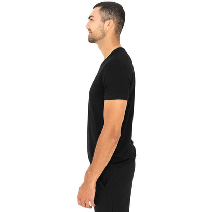 male model wearing black huron v-neck t-shirt side view on white background