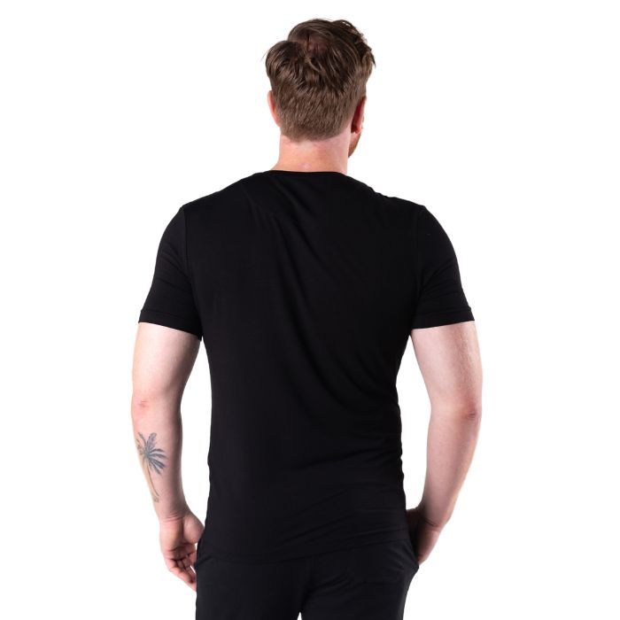 male model wearing black huron v-neck t-shirt back view on white background