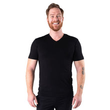 top of male model wearing black huron v-neck t-shirt front view on white background