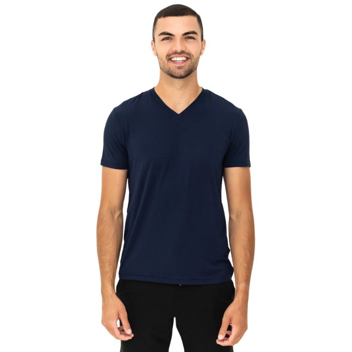 male model wearing ink blue huron v-neck t-shirt front view on white background