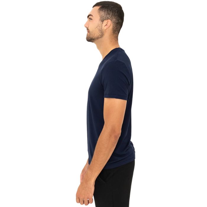 male model wearing ink blue huron v-neck t-shirt side view on white background