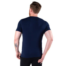 top of male model wearing ink blue huron v-neck t-shirt back view on white background