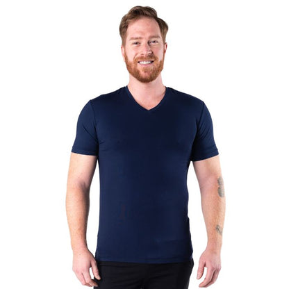 male model wearing ink blue huron v-neck t-shirt front view on white background