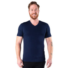 top of male model wearing ink blue huron v-neck t-shirt front view on white background