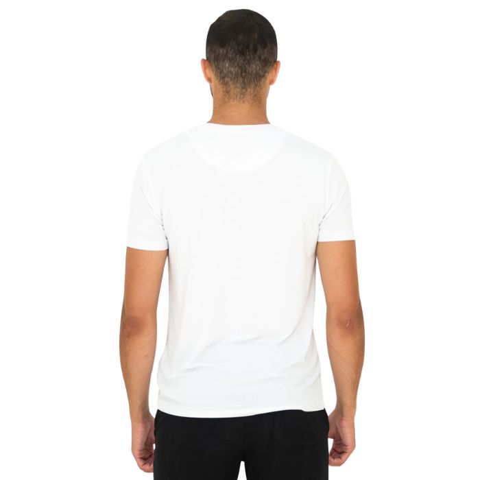 male model wearing white huron v-neck t-shirt back view on white background