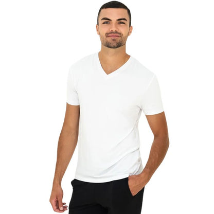 male model wearing white huron v-neck t-shirt front view on white background