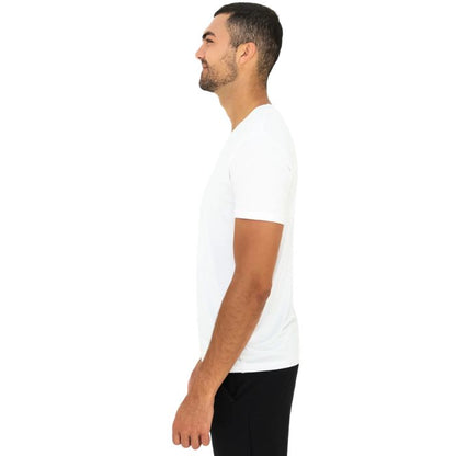 male model wearing white huron v-neck t-shirt side view on white background