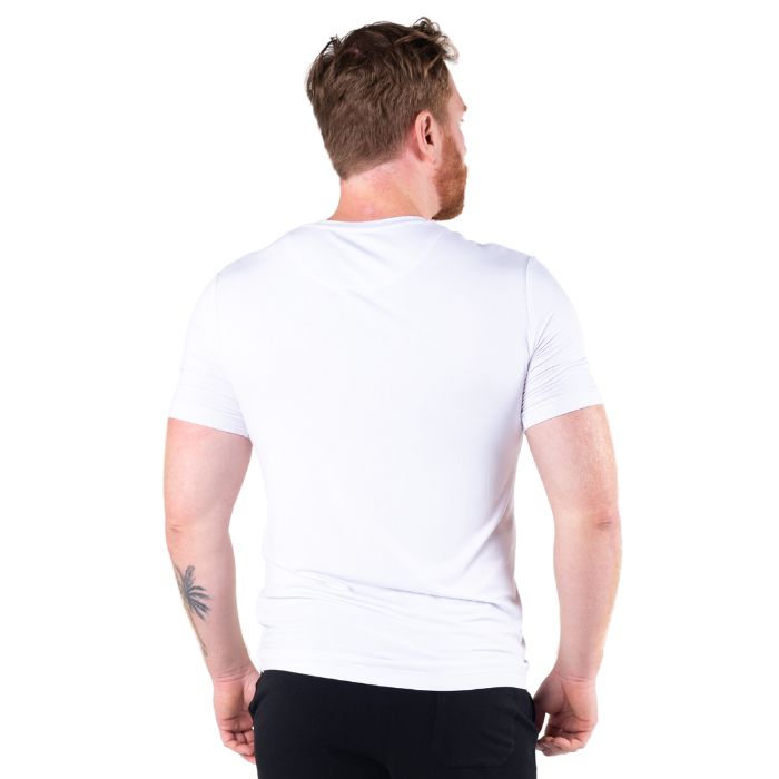 male model wearing white huron v-neck t-shirt back view on white background