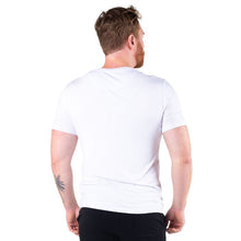 top of male model wearing white huron v-neck t-shirt back view on white background