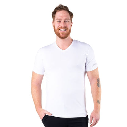 male model wearing white huron v-neck t-shirt front view on white background