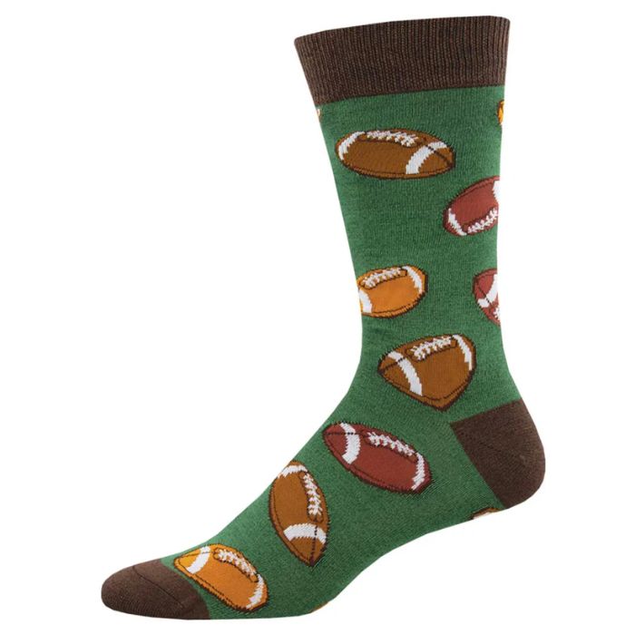 hut hut hike sock green crew sock with football print on white background