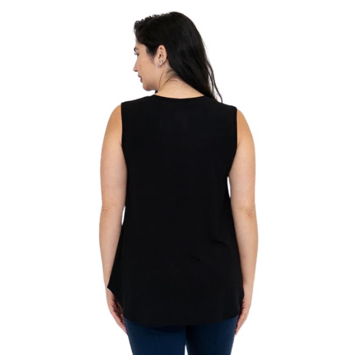 female model wearing black jackie tank top back view on white backround