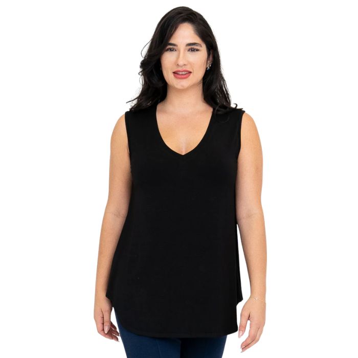 female model wearing black jackie tank top front view on white backround