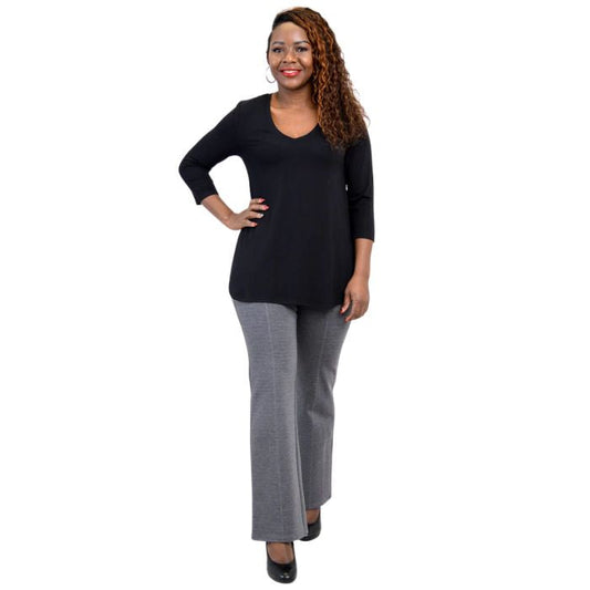 female model wearing black jackie top and granite grey daya pants front view on white backround