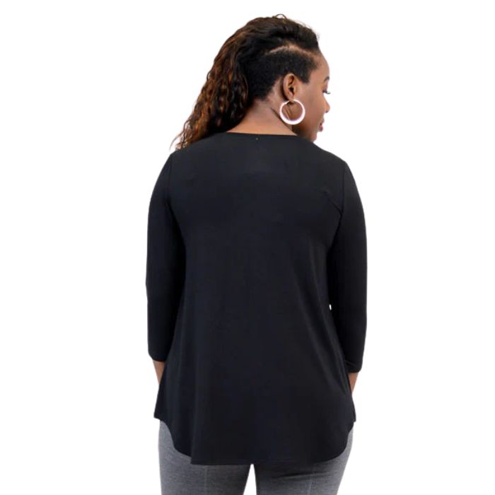 female model wearing black jackie top back view on white backround