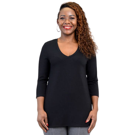 female model wearing black jackie top front view on white backround