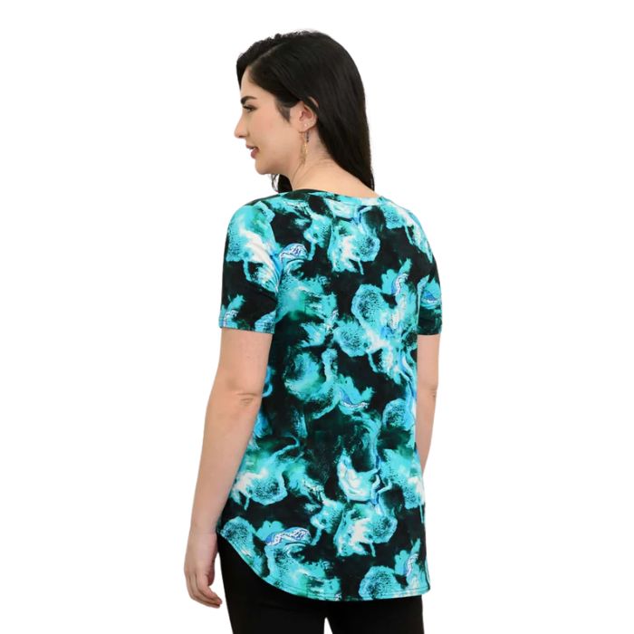 female model wearing charisma print jackie top back view on white backround